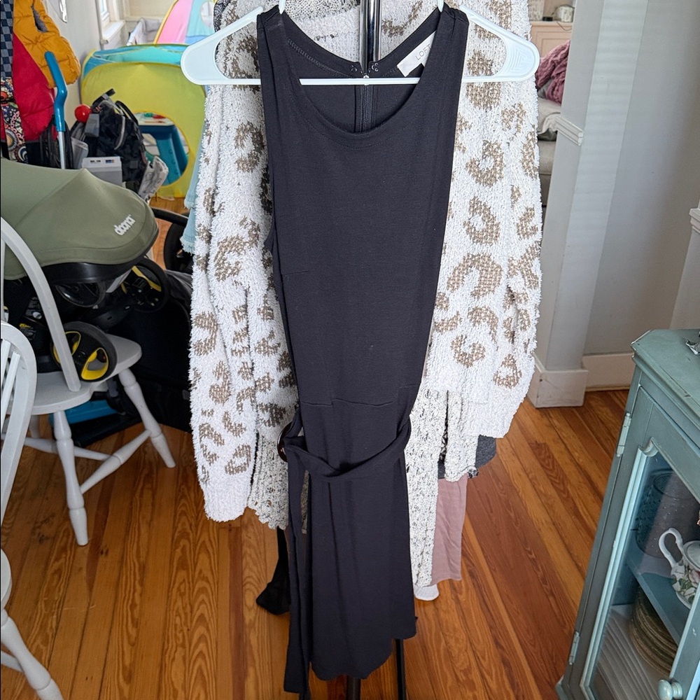 LOFT Black Sleeveless Belted Midi Dress